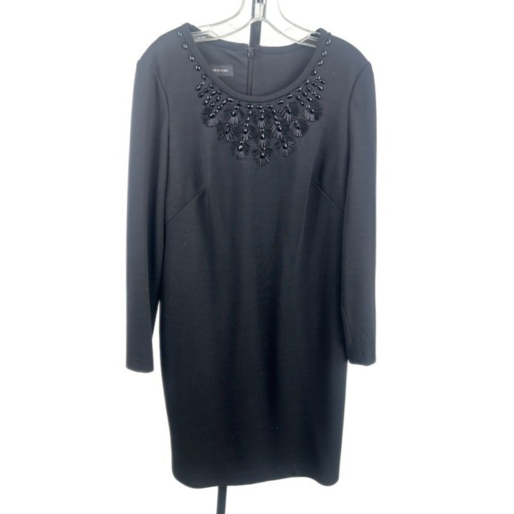 Jones New York Dress Women's Size 10 Black Sheath Long Sleeve Jewel Neck Holiday